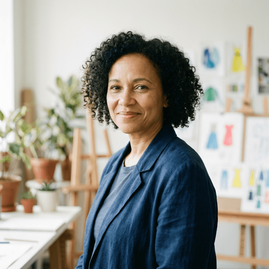 Sophie, hobbyist creator, in her cozy workspace with GaleForge3D community around her