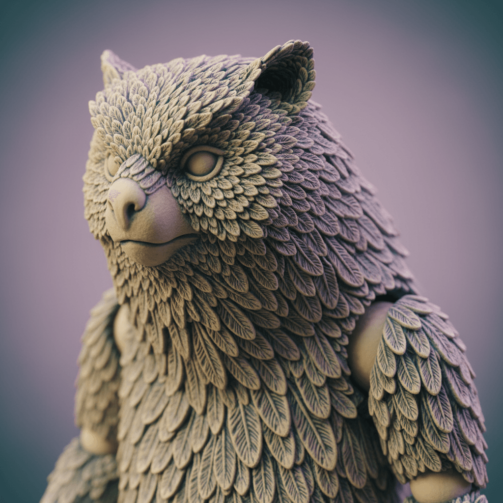 Detailed 3D printed owlbear with articulated joints and intricate feather texturing