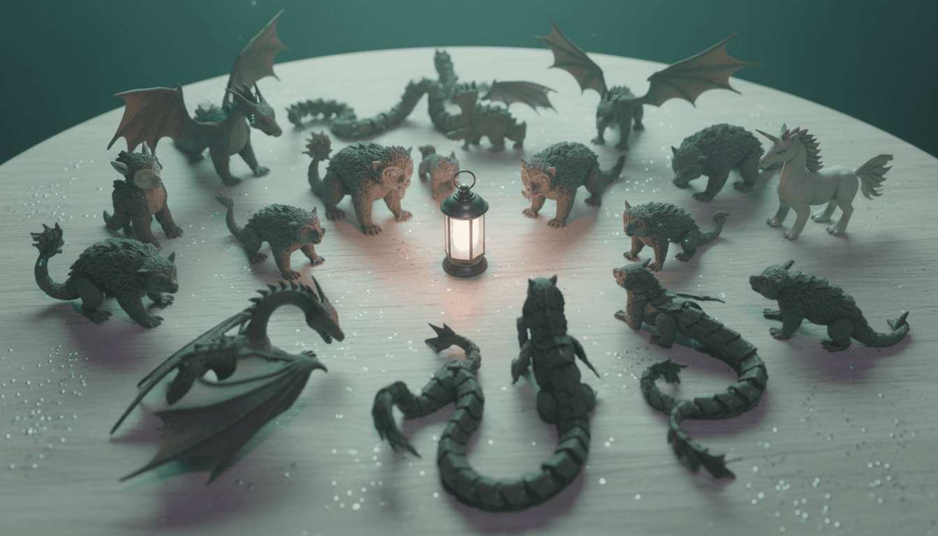 Artisan workspace displaying articulated 3D printed fantasy creatures arranged in a welcoming circle under soft magical lighting