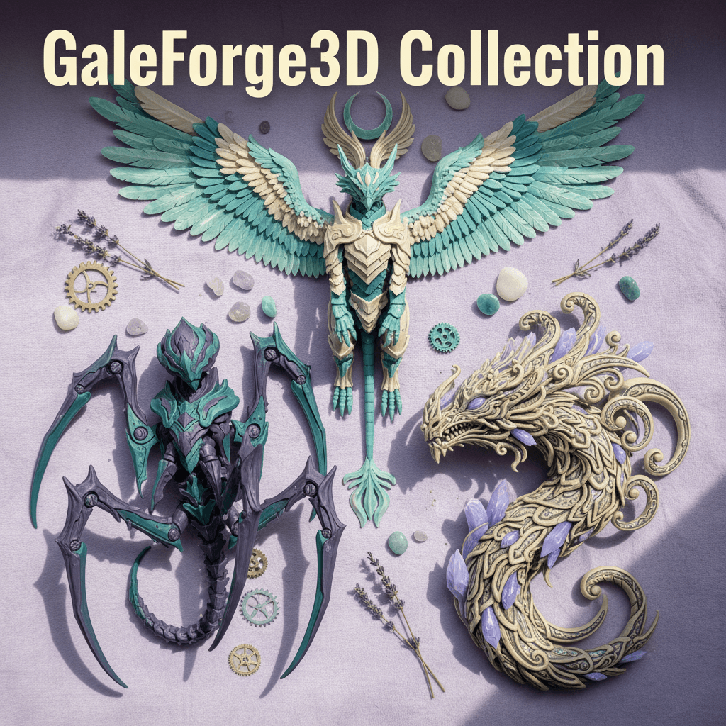 Three different 3D printed fantasy creatures arranged to show design variety