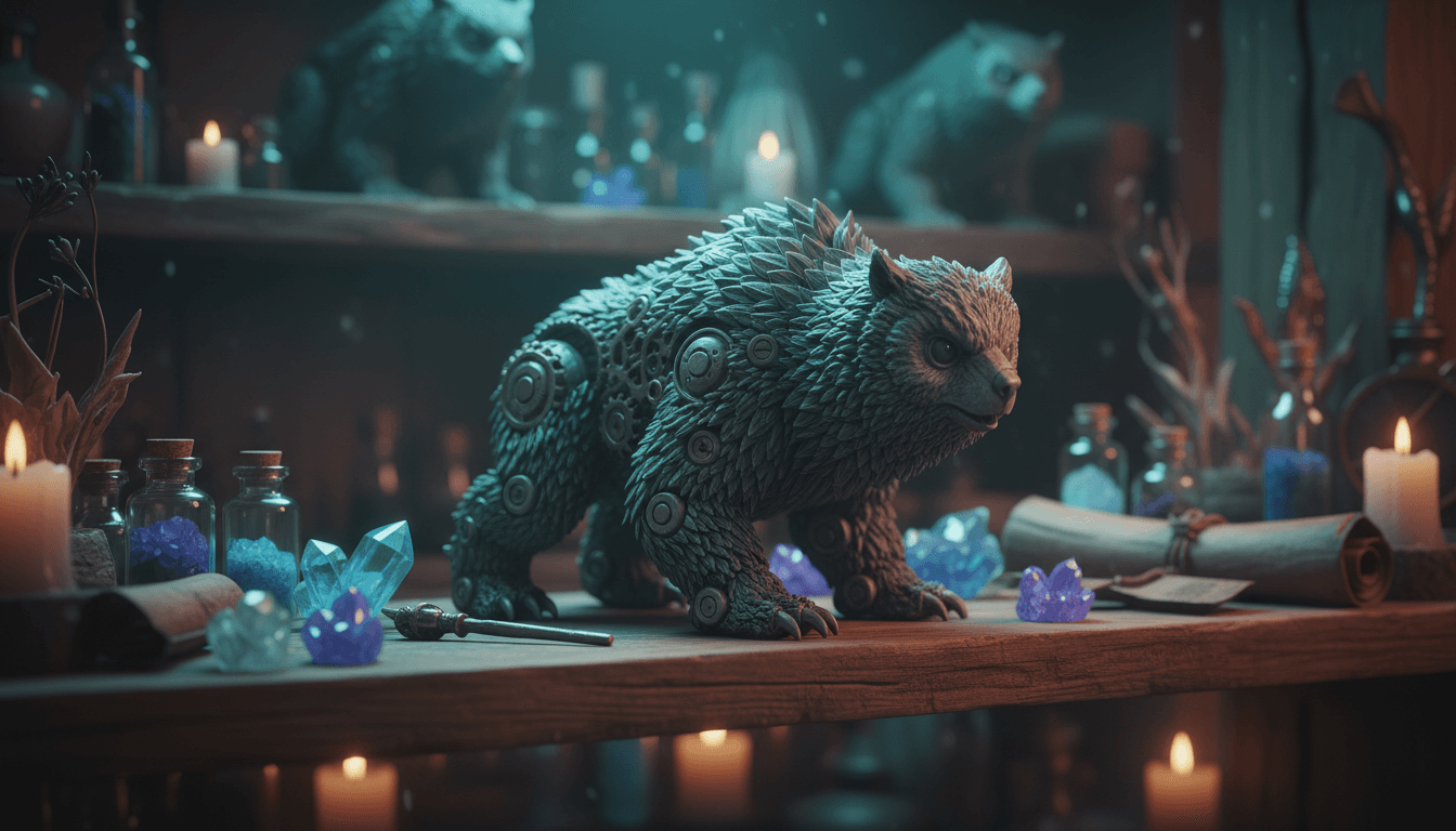 Handcrafted 3D printed owlbear with articulated joints displayed in magical moonlit lighting