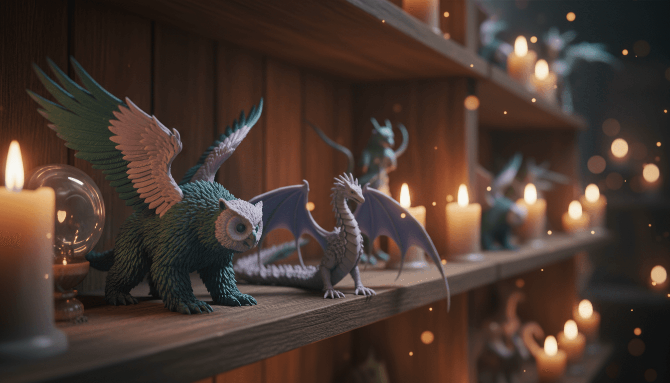 Beautifully detailed articulated 3D printed fantasy creatures displayed in a cozy, candlelit magical workshop setting