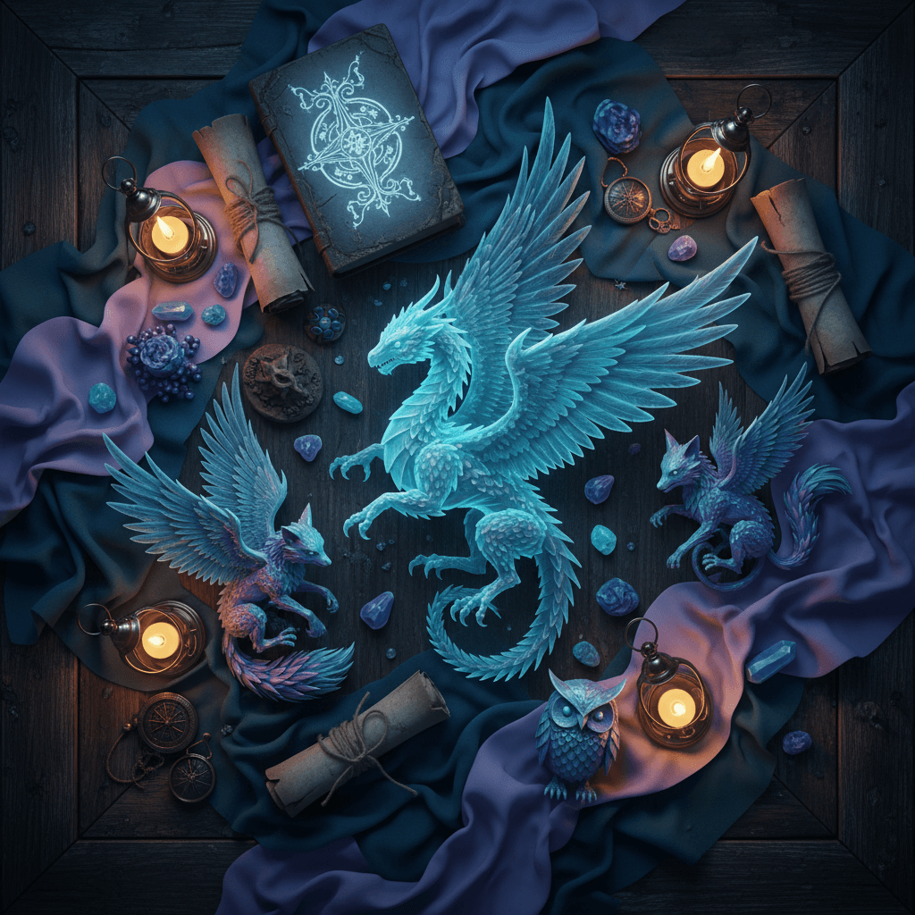 Fantasy-themed arrangement of 3D printed creatures with moonlight color palette