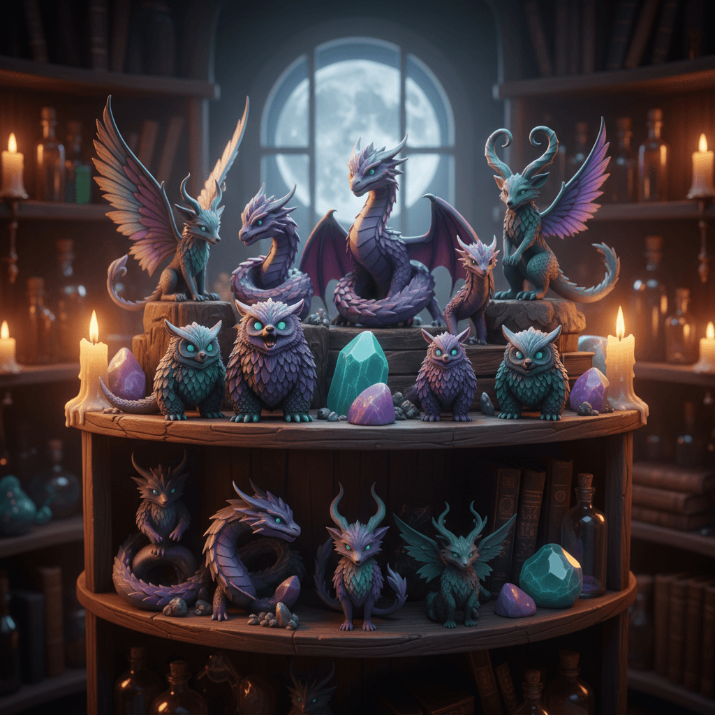 Collection of unique 3D printed fantasy creatures including owlbears and dragons