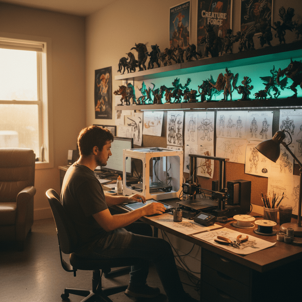 Maker's workspace showcasing 3D printing process and creature design in Michigan