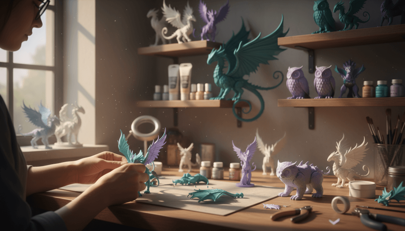 Maker's hands carefully assembling an articulated 3D printed fantasy creature at a wooden workbench with finished magical figures visible in the background