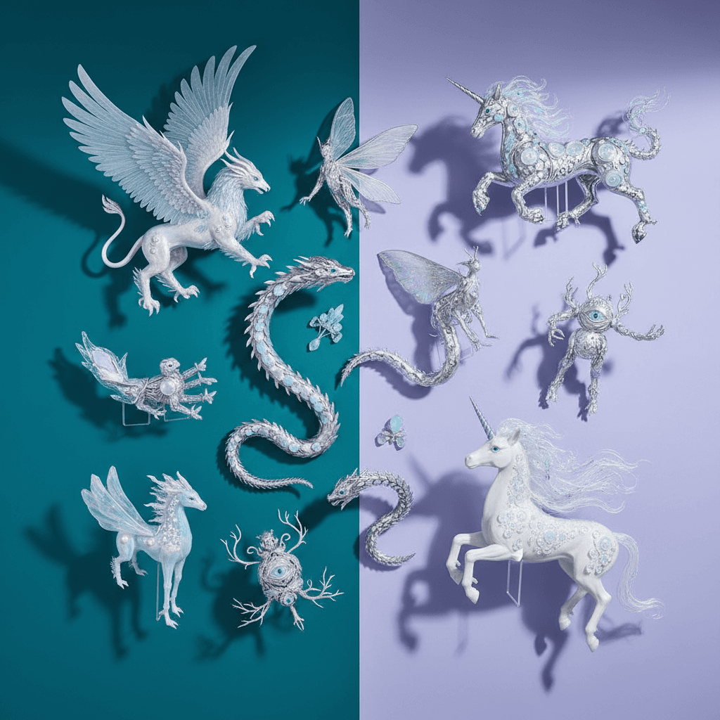 Artistic arrangement of fantasy creatures in moonlight-inspired colors