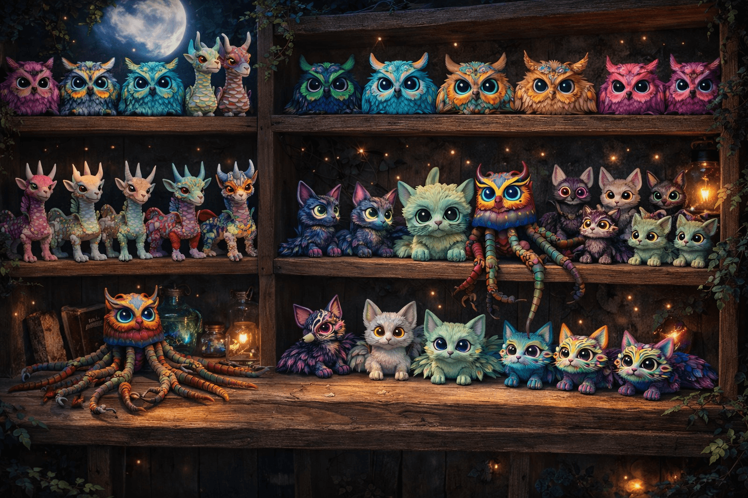 Vibrant, wide-eyed mythical creatures arranged on wooden shelves under a glowing full moon.